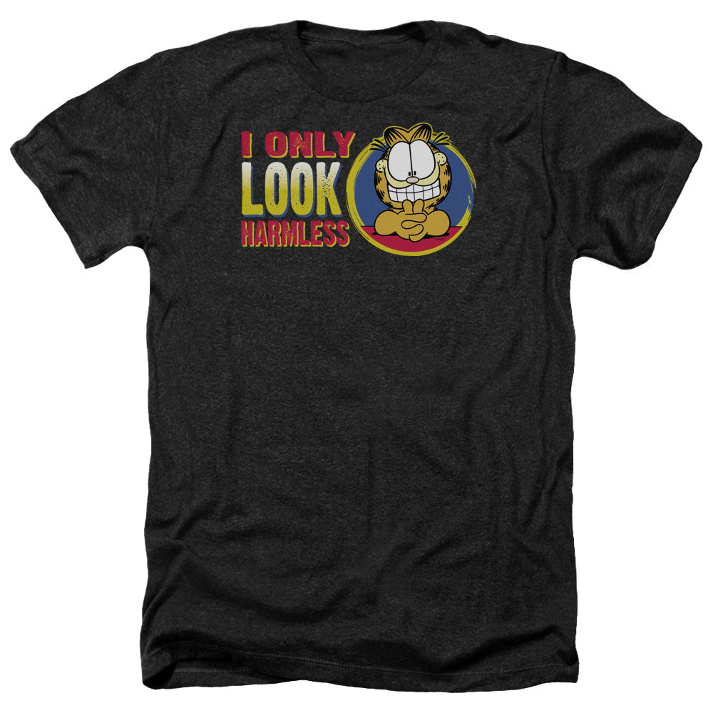 AN OFFCIALLY LICENSED GARFIELD I ONLY LOOK HARMLESS MEN'S HEATHER T-SHIRT CHARCOAL