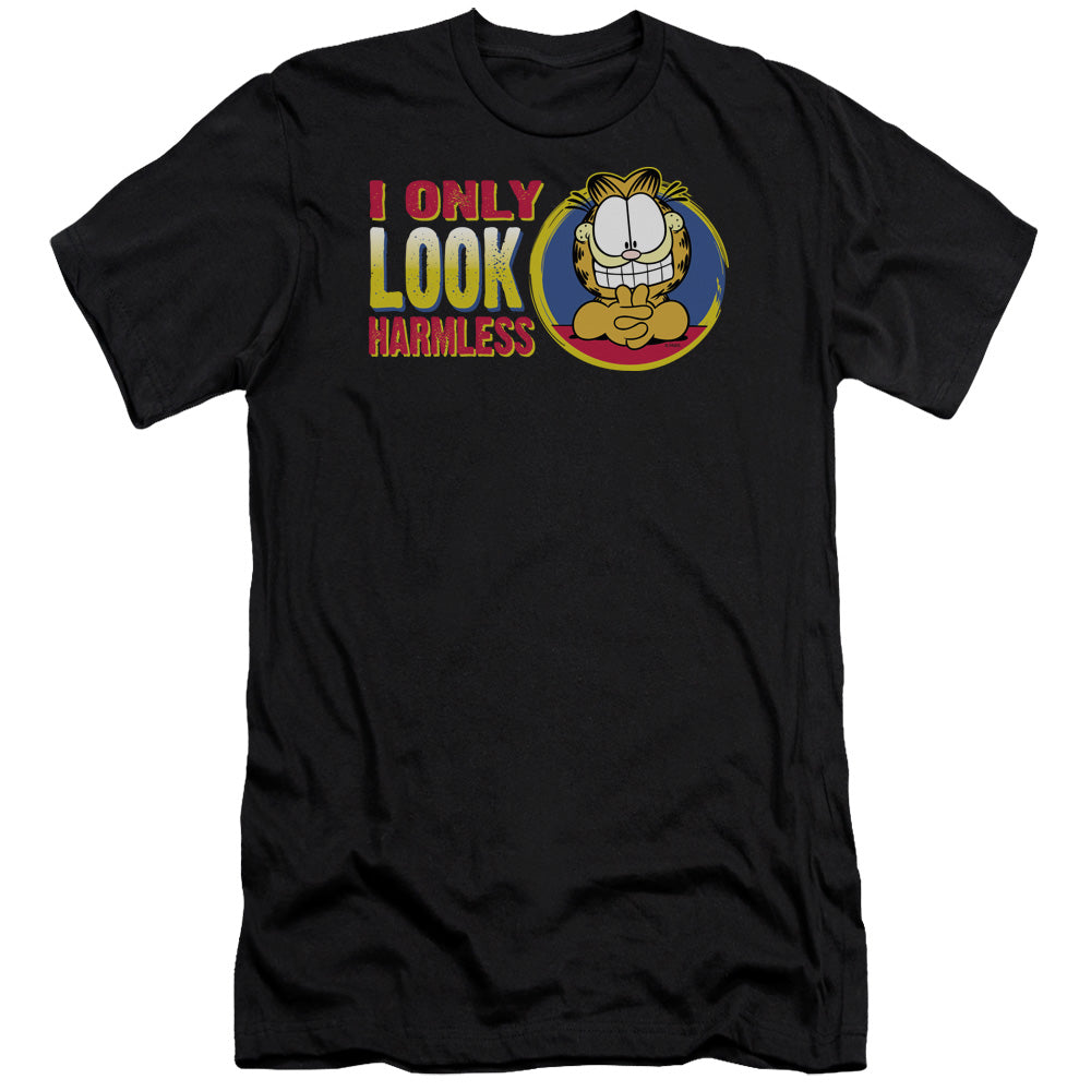 AN OFFCIALLY LICENSED GARFIELD I ONLY LOOK HARMLESS MEN'S PREMIUM SLIM FIT T-SHIRT BLACK