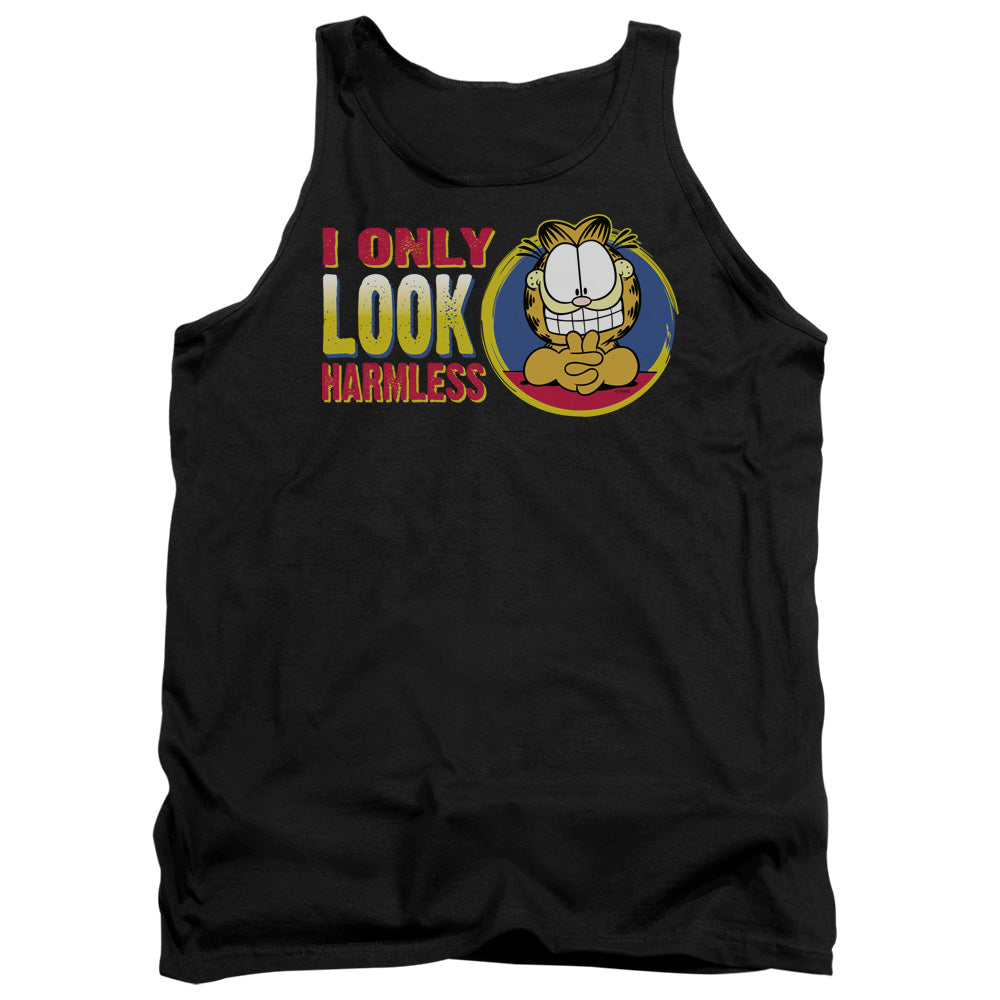 AN OFFCIALLY LICENSED GARFIELD I ONLY LOOK HARMLESS ADULT UNISEX TANK TOP BLACK
