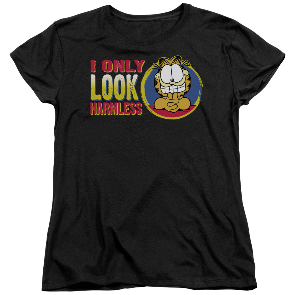 AN OFFCIALLY LICENSED GARFIELD I ONLY LOOK HARMLESS WOMEN'S REGULAR FIT T-SHIRT BLACK