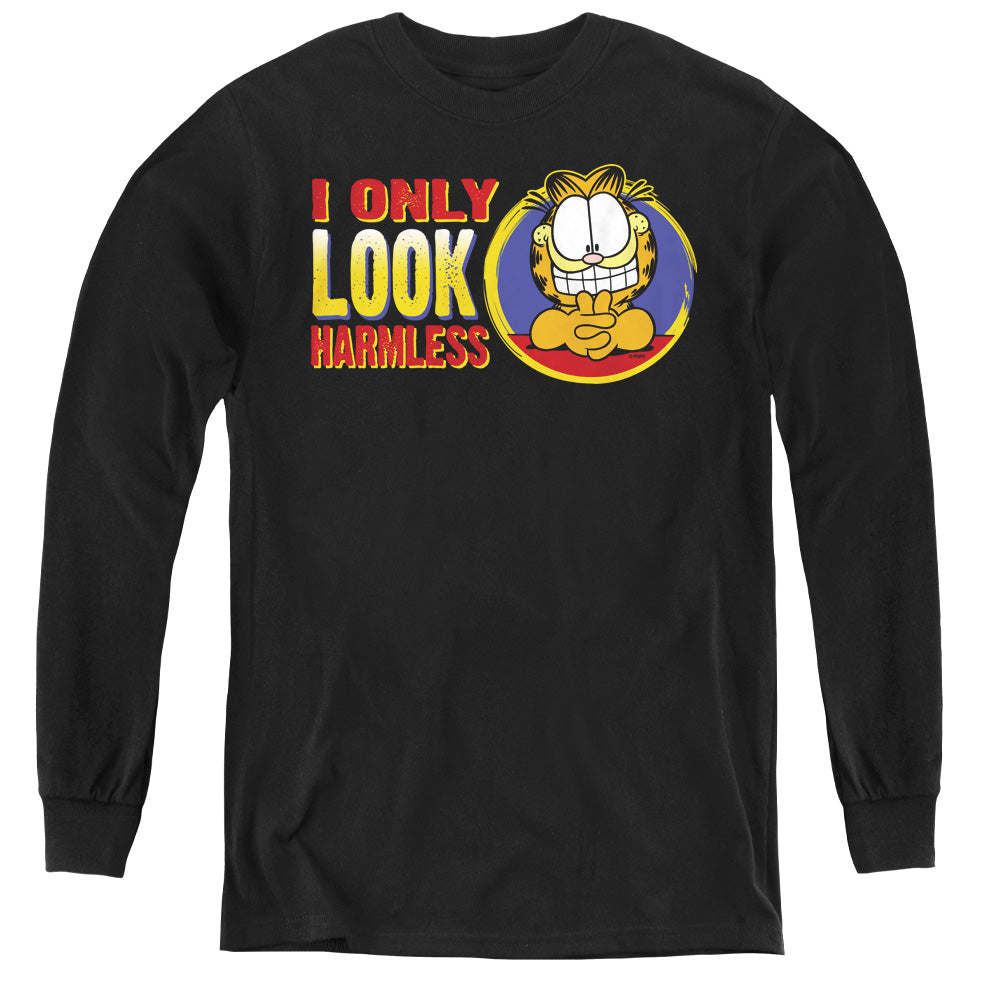 AN OFFCIALLY LICENSED GARFIELD I ONLY LOOK HARMLESS YOUTH LONG SLEEVE T-SHIRT BLACK