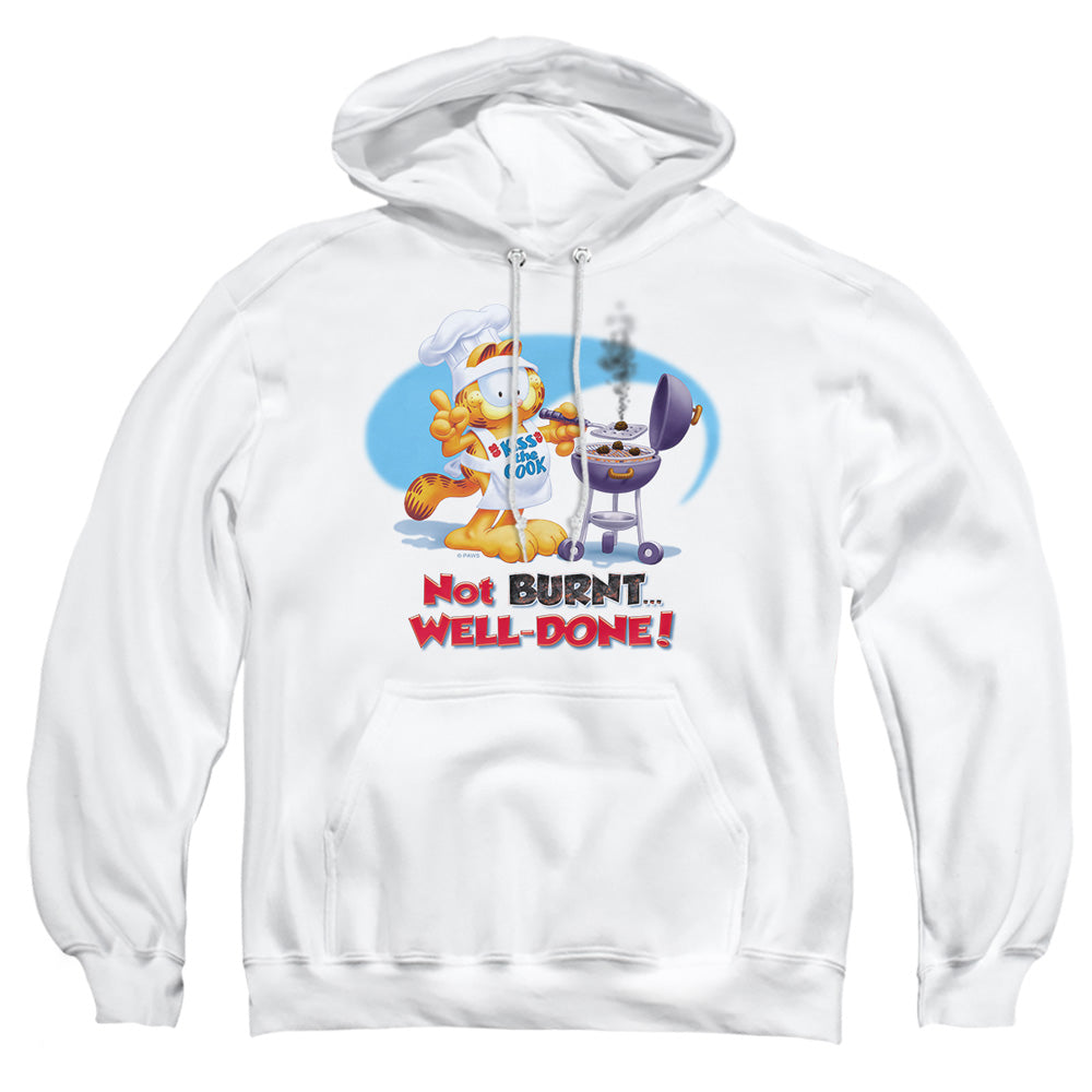 AN OFFCIALLY LICENSED GARFIELD WELL DONE ADULT UNISEX PULLOVER HOODIE WHITE