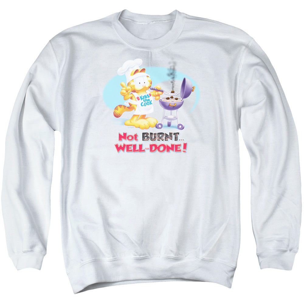AN OFFCIALLY LICENSED GARFIELD WELL DONE ADULT UNISEX CREWNECK SWEATSHIRT WHITE