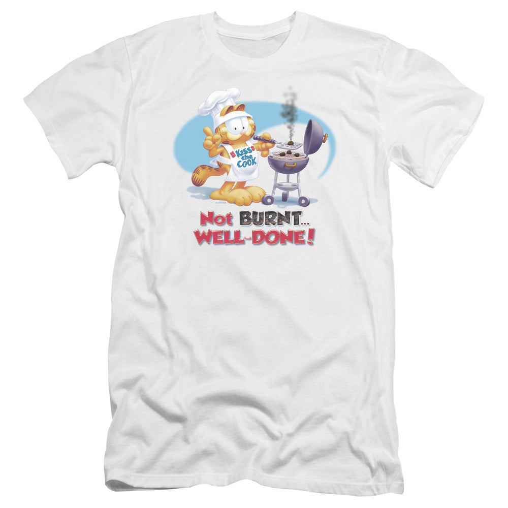 AN OFFCIALLY LICENSED GARFIELD WELL DONE MEN'S PREMIUM SLIM FIT T-SHIRT WHITE