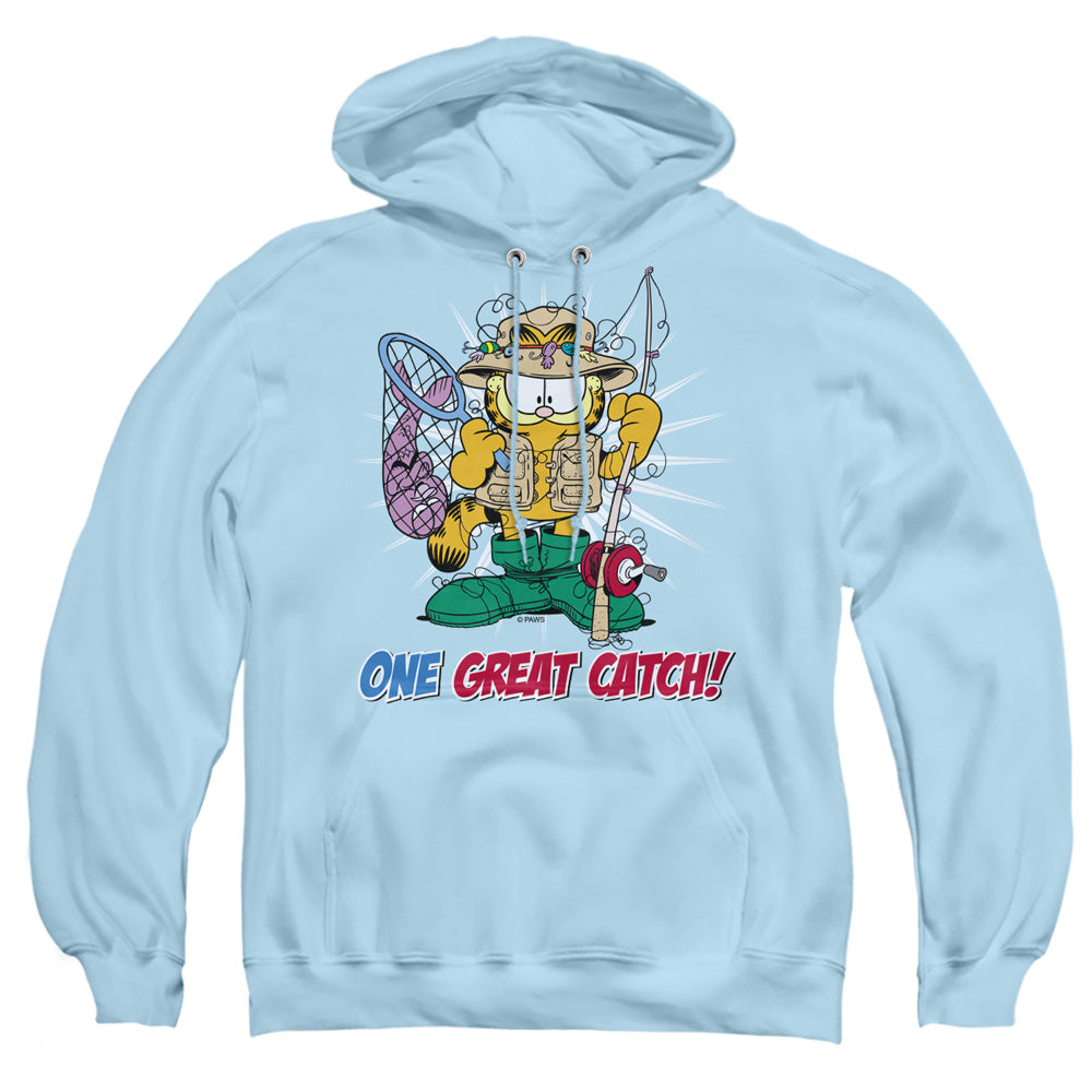 AN OFFCIALLY LICENSED GARFIELD ONE GREAT CATCH ADULT UNISEX PULLOVER HOODIE LIGHT BLUE