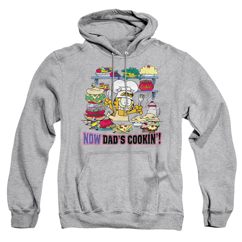 AN OFFCIALLY LICENSED GARFIELD NOW DADS COOKING ADULT UNISEX PULLOVER HOODIE ATHLETIC HEATHER