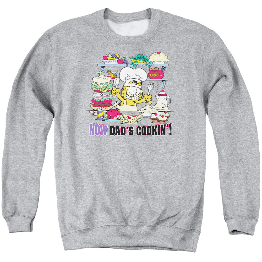 AN OFFCIALLY LICENSED GARFIELD NOW DADS COOKING ADULT UNISEX CREWNECK SWEATSHIRT ATHLETIC HEATHER