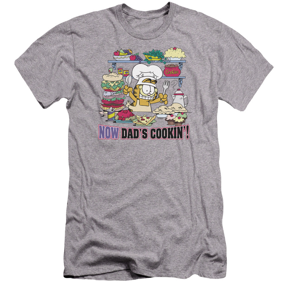 AN OFFCIALLY LICENSED GARFIELD NOW DADS COOKING MEN'S PREMIUM SLIM FIT T-SHIRT ATHLETIC HEATHER