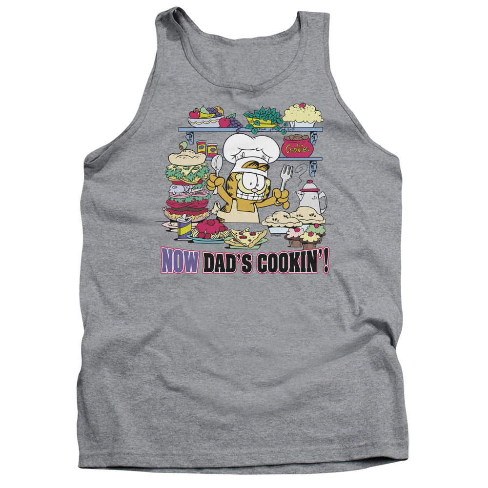 AN OFFCIALLY LICENSED GARFIELD NOW DADS COOKING ADULT UNISEX TANK TOP ATHLETIC HEATHER