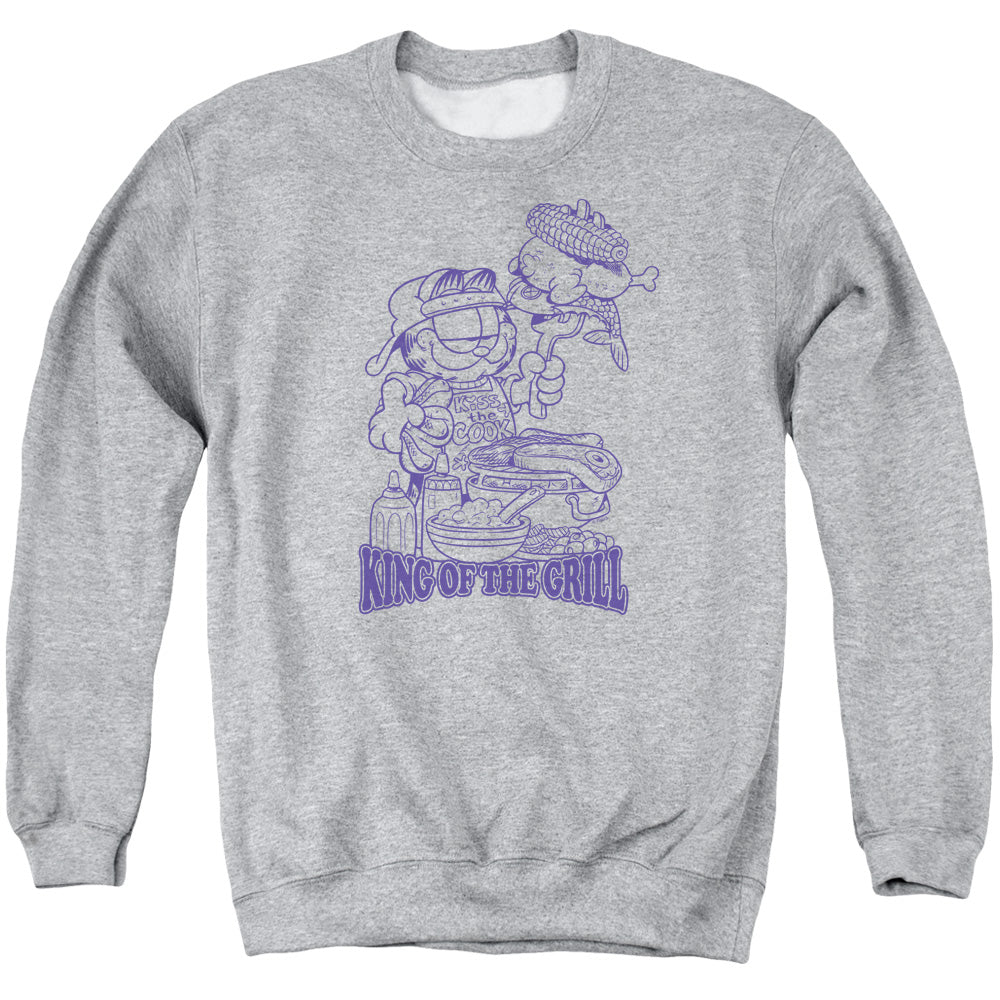 AN OFFCIALLY LICENSED GARFIELD KING OF THE GRILL ADULT UNISEX CREWNECK SWEATSHIRT ATHLETIC HEATHER