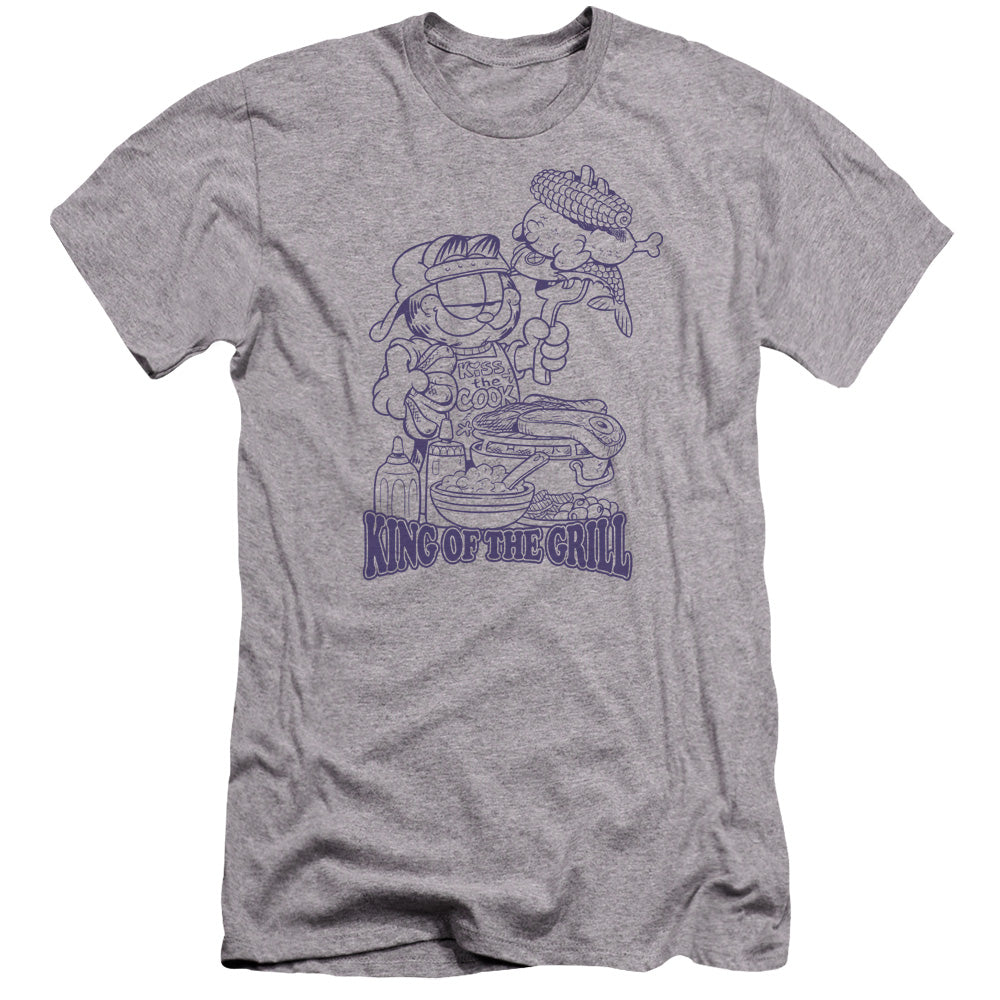 AN OFFCIALLY LICENSED GARFIELD KING OF THE GRILL MEN'S PREMIUM SLIM FIT T-SHIRT ATHLETIC HEATHER