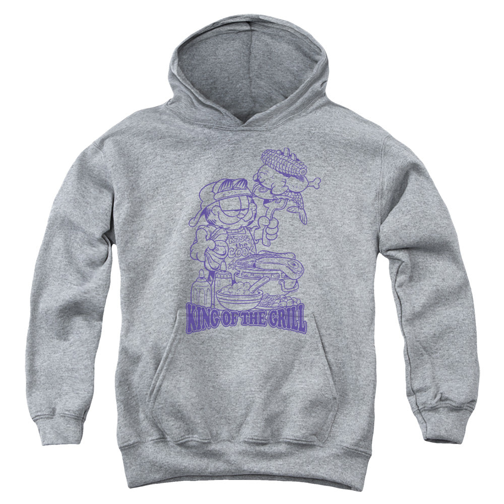 AN OFFCIALLY LICENSED GARFIELD KING OF THE GRILL YOUTH HOODIE ATHLETIC HEATHER