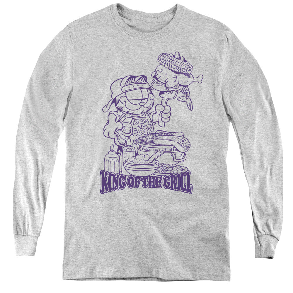 AN OFFCIALLY LICENSED GARFIELD KING OF THE GRILL YOUTH LONG SLEEVE T-SHIRT ATHLETIC HEATHER