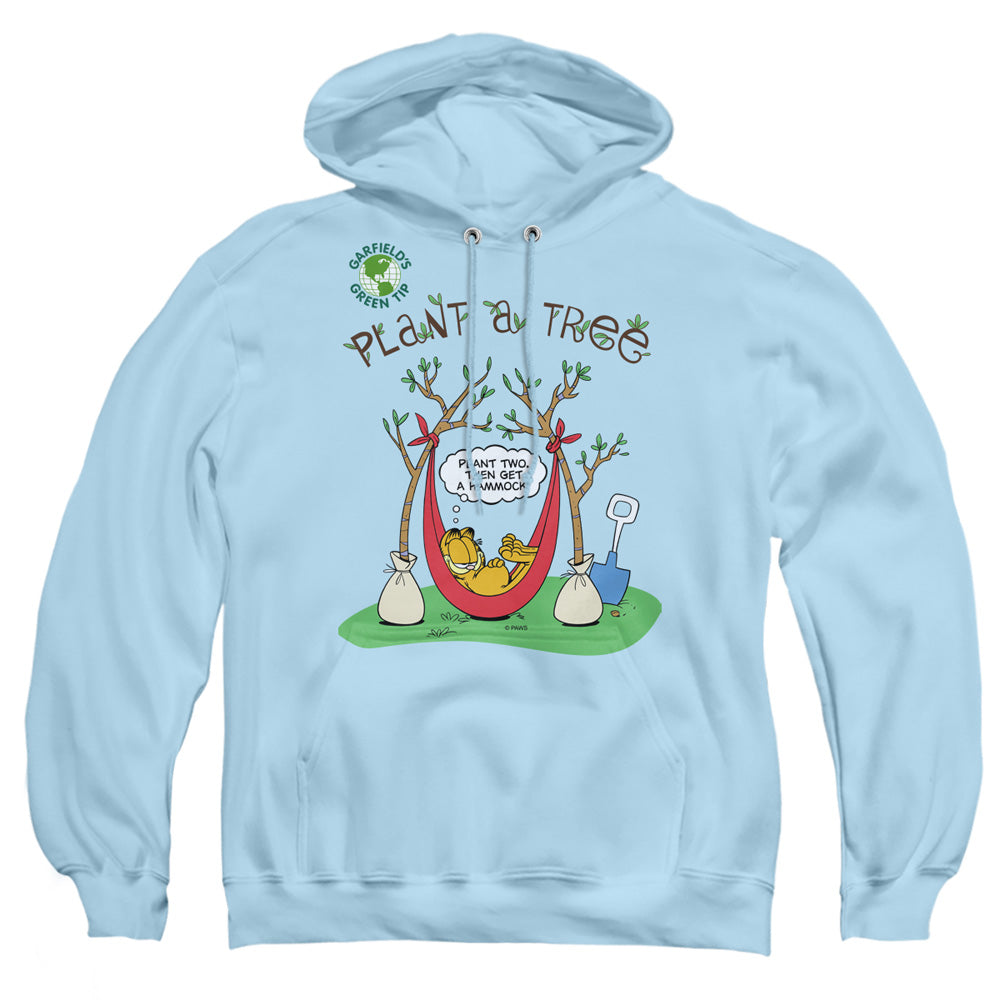AN OFFCIALLY LICENSED GARFIELD PLANT A TREE ADULT UNISEX PULLOVER HOODIE LIGHT BLUE