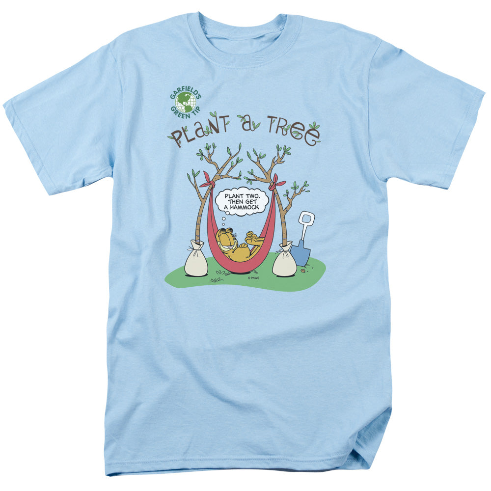 AN OFFCIALLY LICENSED GARFIELD PLANT A TREE MEN'S REGULAR FIT T-SHIRT LIGHT BLUE