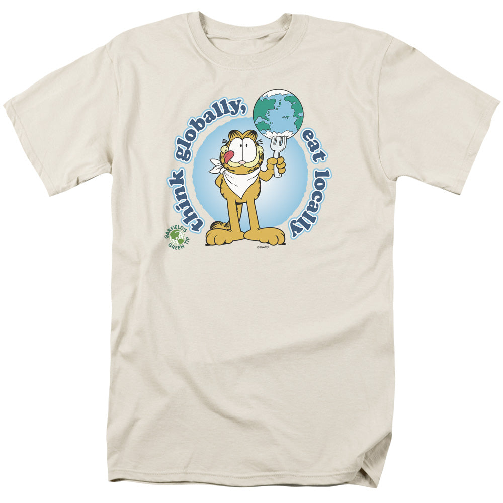 AN OFFCIALLY LICENSED GARFIELD THINK GLOBALLY MEN'S REGULAR FIT T-SHIRT CREAM