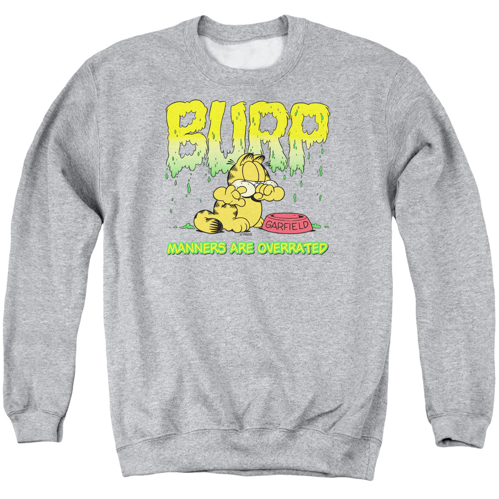 AN OFFCIALLY LICENSED GARFIELD MANNERS ADULT UNISEX CREWNECK SWEATSHIRT ATHLETIC HEATHER
