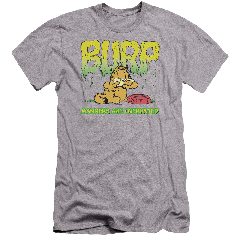 AN OFFCIALLY LICENSED GARFIELD MANNERS MEN'S PREMIUM SLIM FIT T-SHIRT ATHLETIC HEATHER