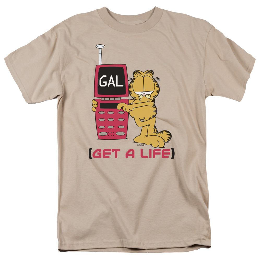 AN OFFCIALLY LICENSED GARFIELD GET A LIFE MEN'S REGULAR FIT T-SHIRT SAND