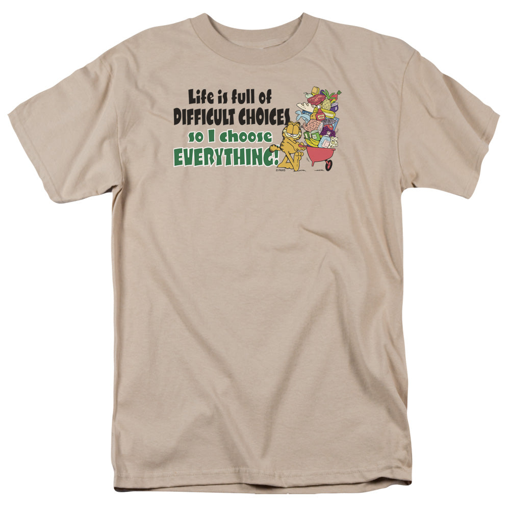 AN OFFCIALLY LICENSED GARFIELD DIFFICULT CHOICES MEN'S REGULAR FIT T-SHIRT SAND