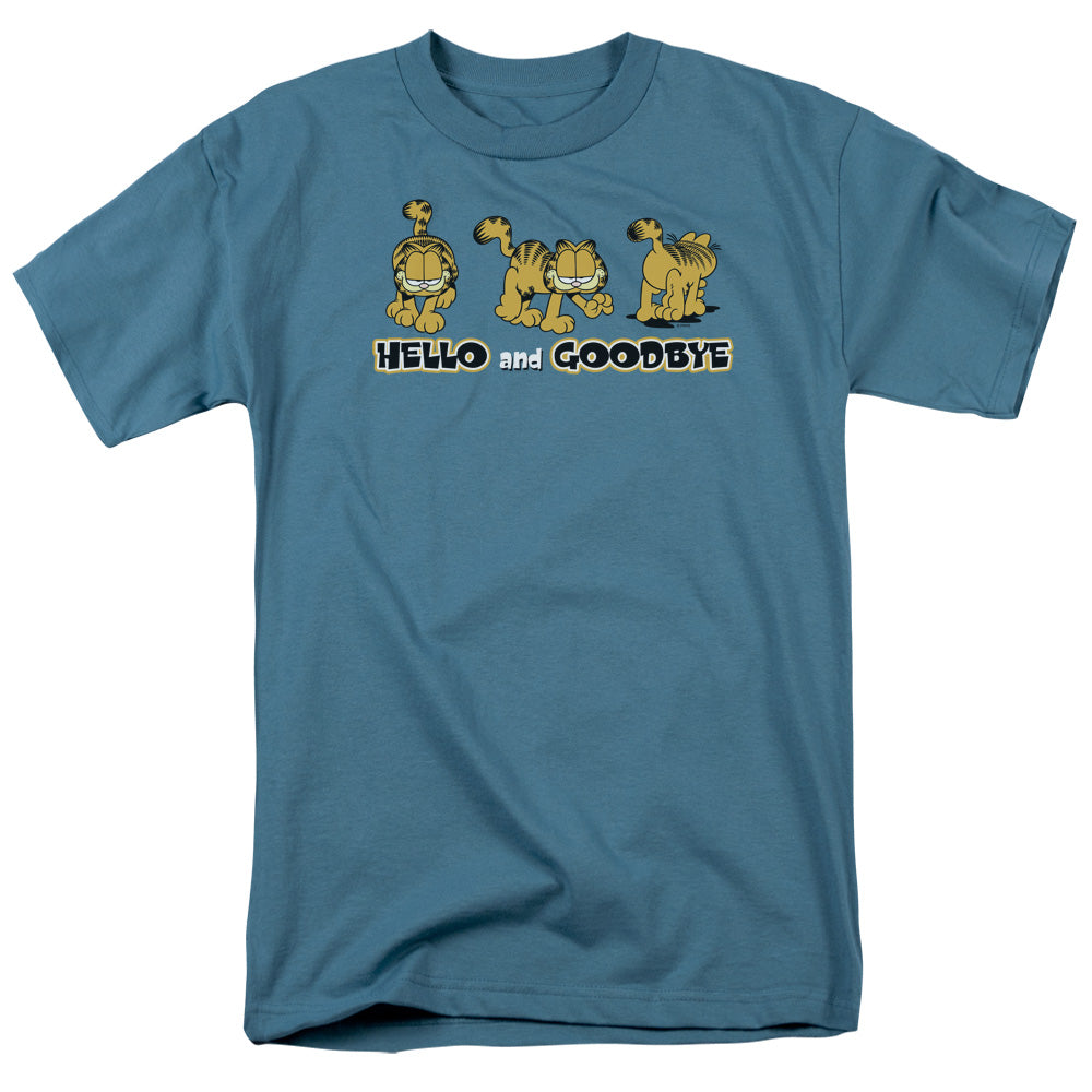 AN OFFCIALLY LICENSED GARFIELD HELLO AND GOODBYE MEN'S REGULAR FIT T-SHIRT SLATE