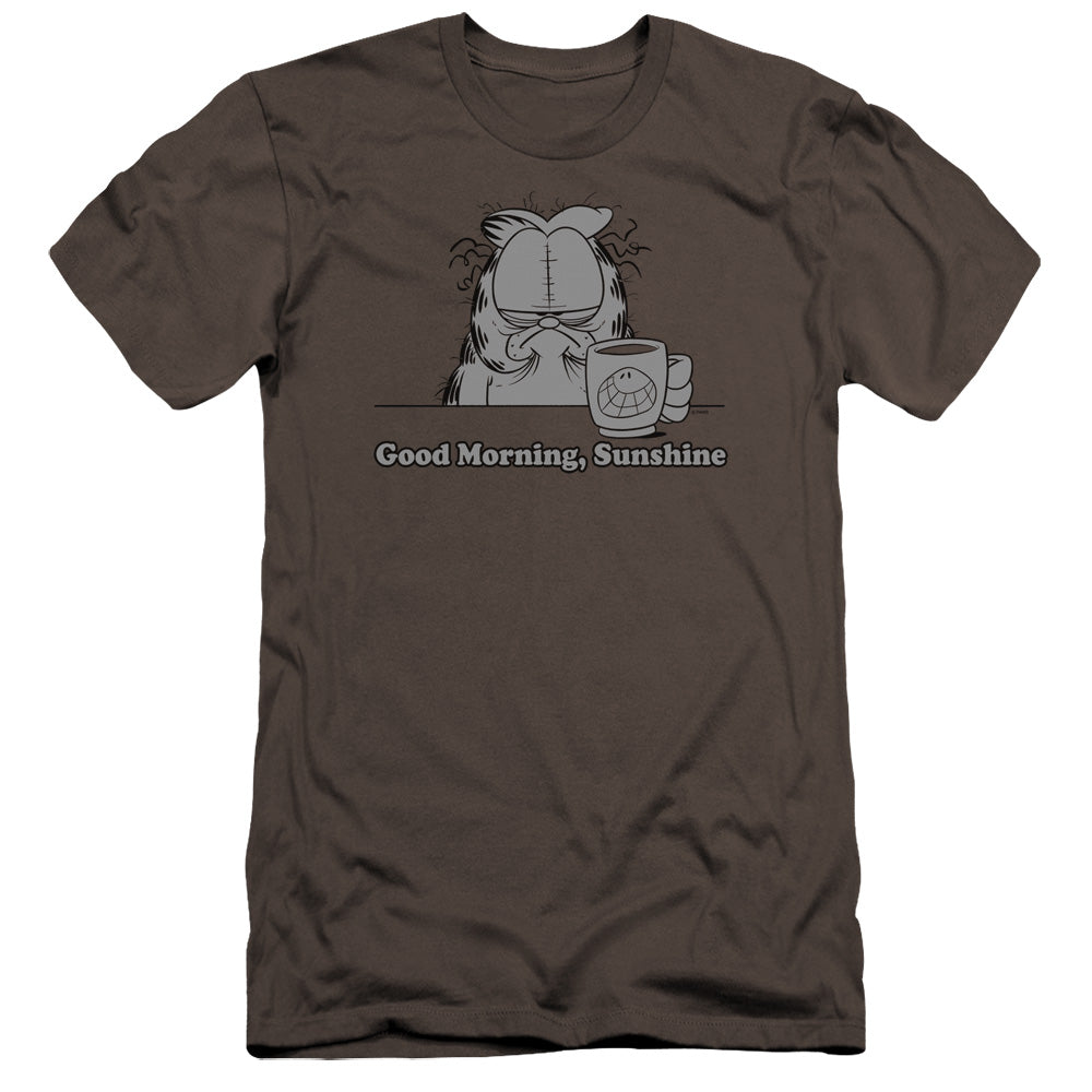 AN OFFCIALLY LICENSED GARFIELD GOOD MORNING SUNSHINE MEN'S PREMIUM SLIM FIT T-SHIRT CHARCOAL