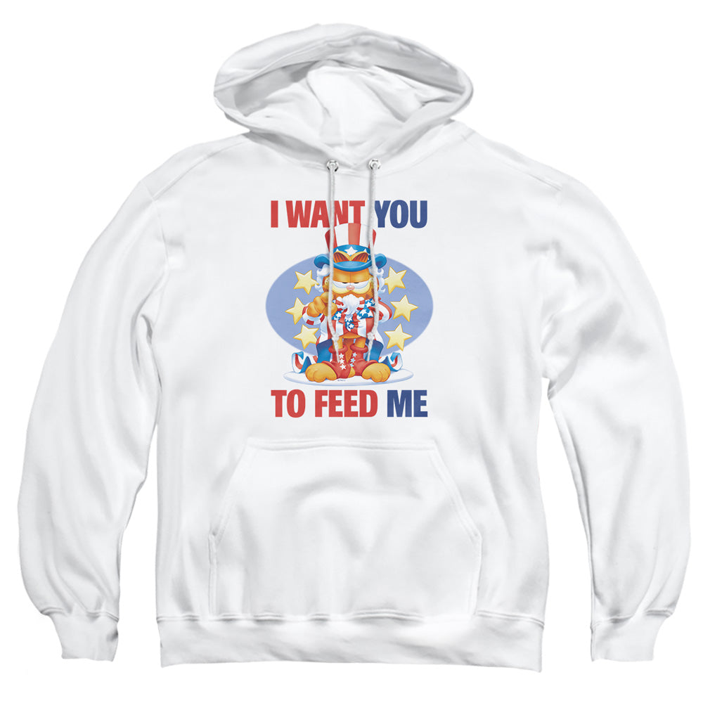 AN OFFCIALLY LICENSED GARFIELD I WANT YOU ADULT UNISEX PULLOVER HOODIE WHITE