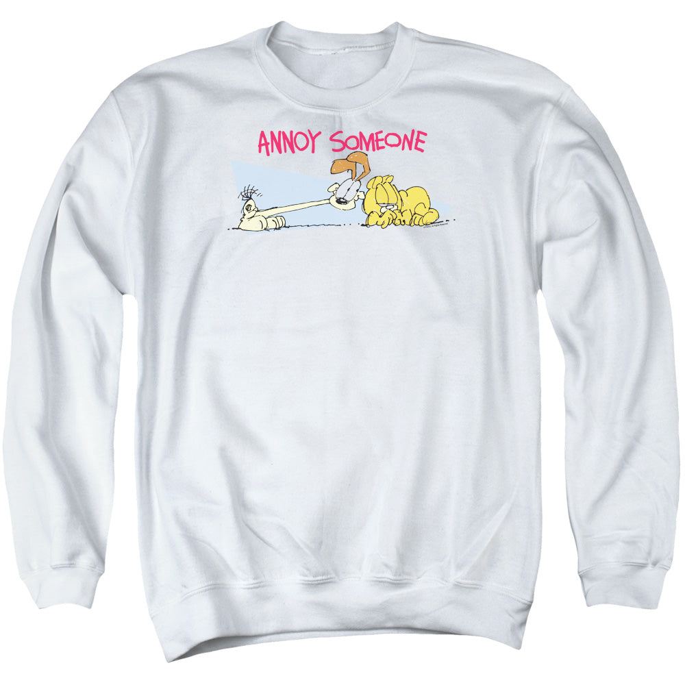 AN OFFCIALLY LICENSED GARFIELD ANNOY SOMEONE ADULT UNISEX CREWNECK SWEATSHIRT WHITE