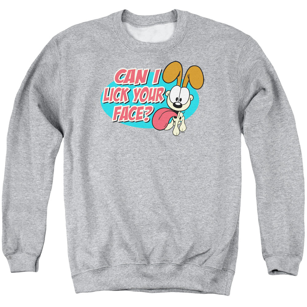 AN OFFCIALLY LICENSED GARFIELD QUESTION ADULT UNISEX CREWNECK SWEATSHIRT ATHLETIC HEATHER