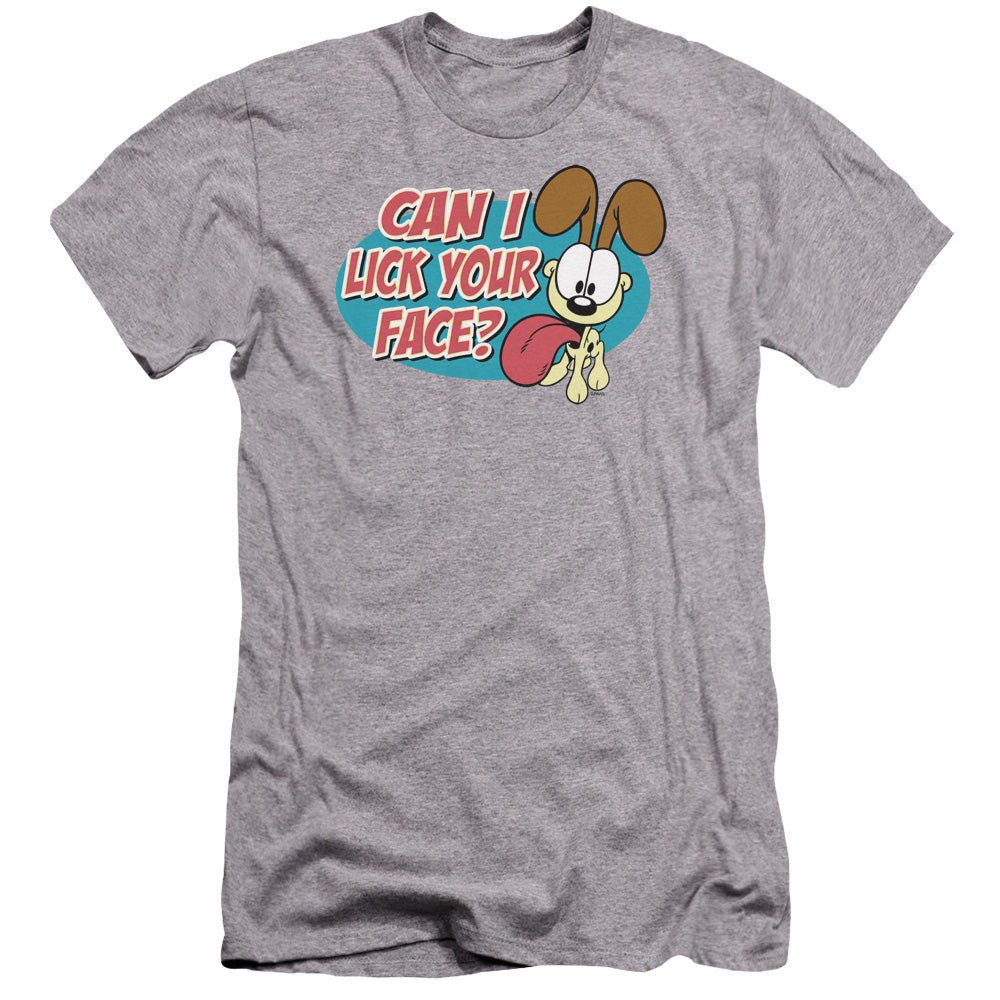 AN OFFCIALLY LICENSED GARFIELD QUESTION MEN'S PREMIUM SLIM FIT T-SHIRT ATHLETIC HEATHER