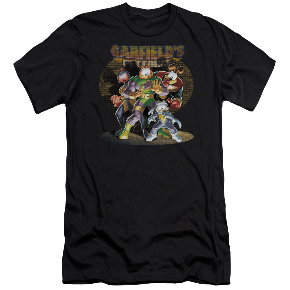 AN OFFCIALLY LICENSED GARFIELD SPOTLIGHT MEN'S PREMIUM SLIM FIT T-SHIRT BLACK