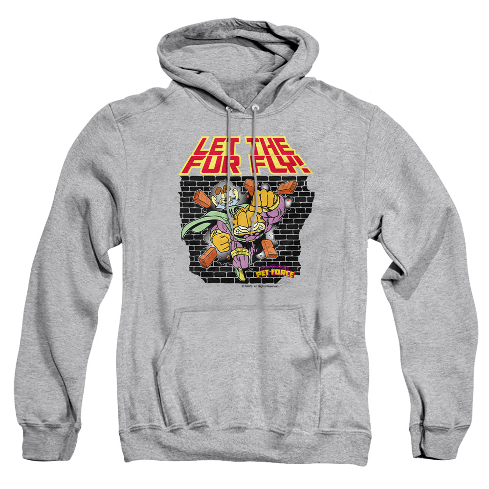 AN OFFCIALLY LICENSED GARFIELD LET THE FUR FLY ADULT UNISEX PULLOVER HOODIE ATHLETIC HEATHER