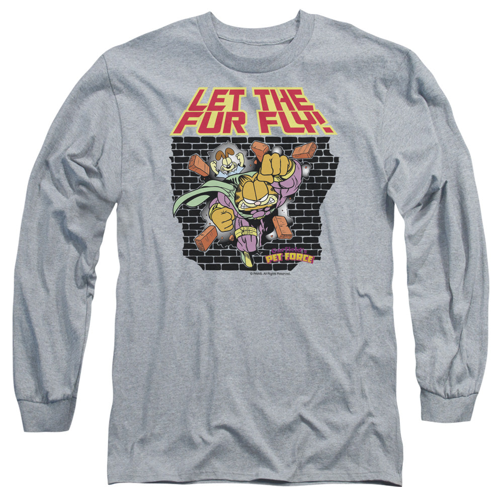 AN OFFCIALLY LICENSED GARFIELD LET THE FUR FLY MEN'S LONG SLEEVE T-SHIRT ATHLETIC HEATHER