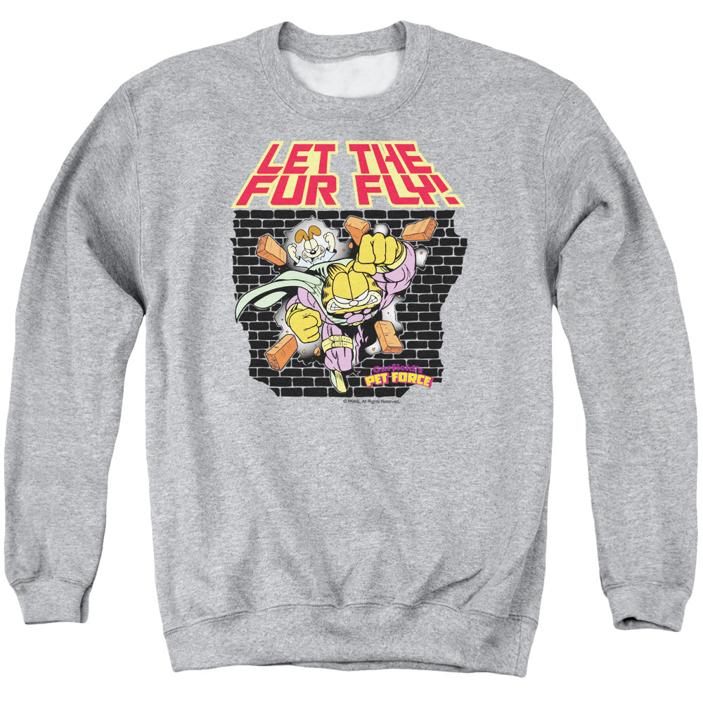 AN OFFCIALLY LICENSED GARFIELD LET THE FUR FLY ADULT UNISEX CREWNECK SWEATSHIRT ATHLETIC HEATHER