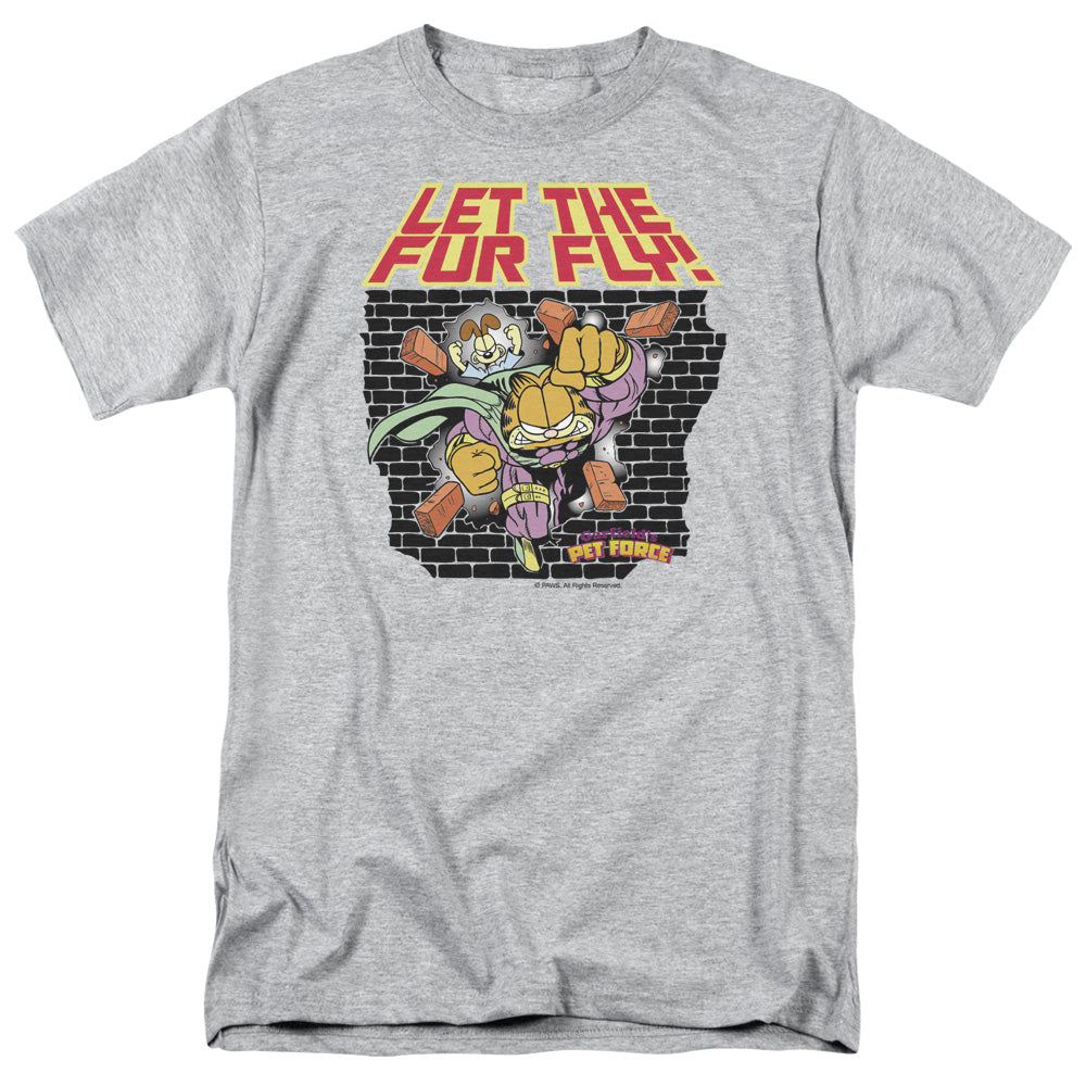 AN OFFCIALLY LICENSED GARFIELD LET THE FUR FLY MEN'S REGULAR FIT T-SHIRT ATHLETIC HEATHER