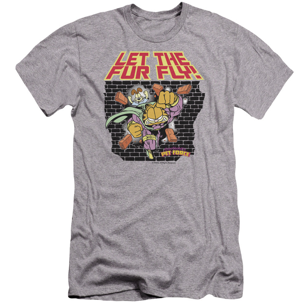 AN OFFCIALLY LICENSED GARFIELD LET THE FUR FLY MEN'S PREMIUM SLIM FIT T-SHIRT ATHLETIC HEATHER