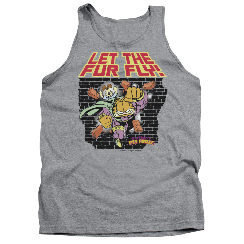AN OFFCIALLY LICENSED GARFIELD LET THE FUR FLY ADULT UNISEX TANK TOP ATHLETIC HEATHER