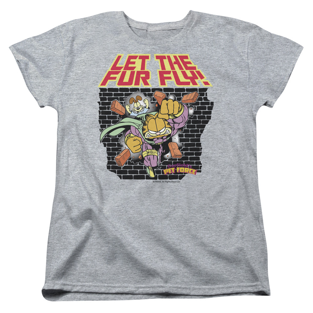 AN OFFCIALLY LICENSED GARFIELD LET THE FUR FLY WOMEN'S REGULAR FIT T-SHIRT ATHLETIC HEATHER