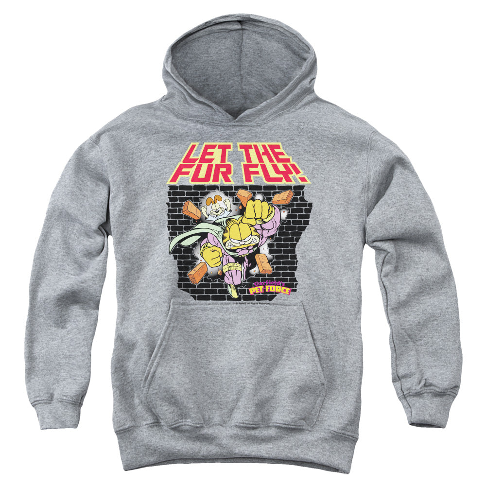 AN OFFCIALLY LICENSED GARFIELD LET THE FUR FLY YOUTH HOODIE ATHLETIC HEATHER