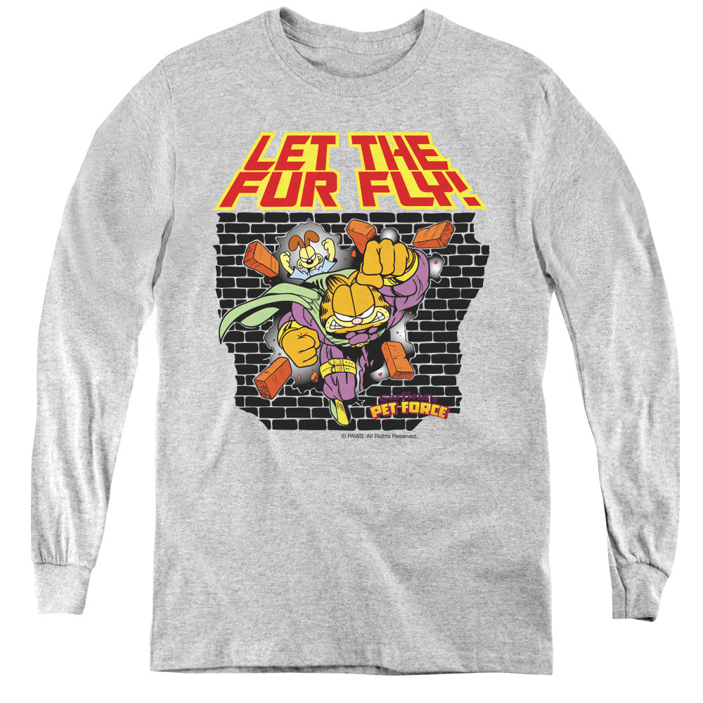 AN OFFCIALLY LICENSED GARFIELD LET THE FUR FLY YOUTH LONG SLEEVE T-SHIRT ATHLETIC HEATHER