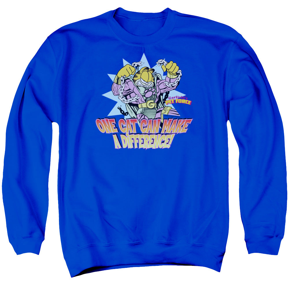 AN OFFCIALLY LICENSED GARFIELD MAKE A DIFFERENCE ADULT UNISEX CREWNECK SWEATSHIRT ROYAL