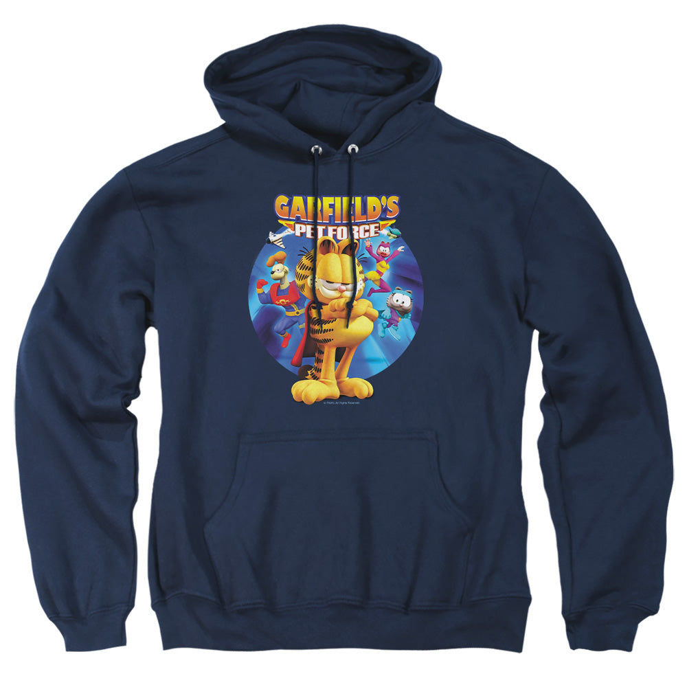 AN OFFCIALLY LICENSED GARFIELD DVD ART ADULT UNISEX PULLOVER HOODIE NAVY