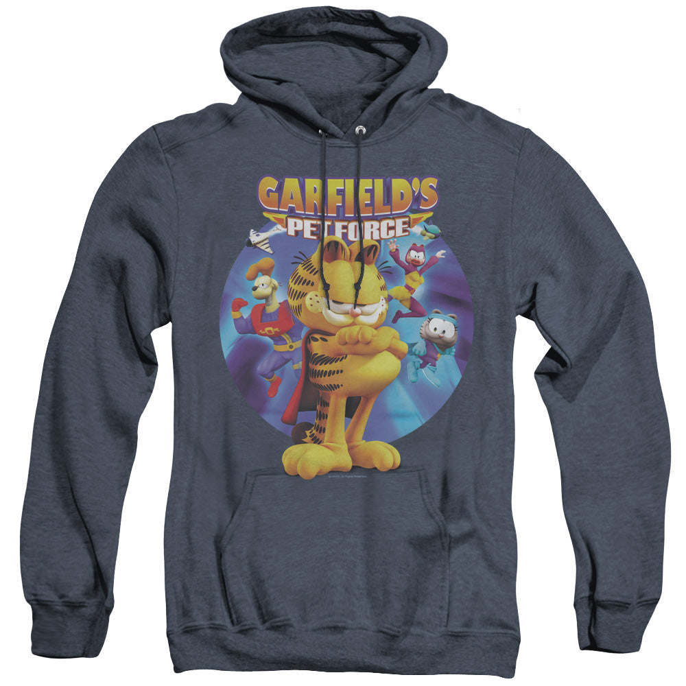 AN OFFCIALLY LICENSED GARFIELD DVD ART ADULT UNISEX HEATHER PULLOVER HOODIE NAVY