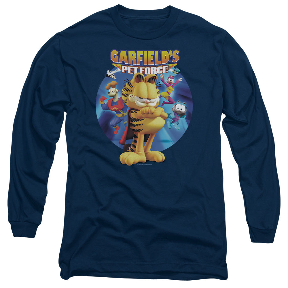 AN OFFCIALLY LICENSED GARFIELD DVD ART MEN'S LONG SLEEVE T-SHIRT NAVY