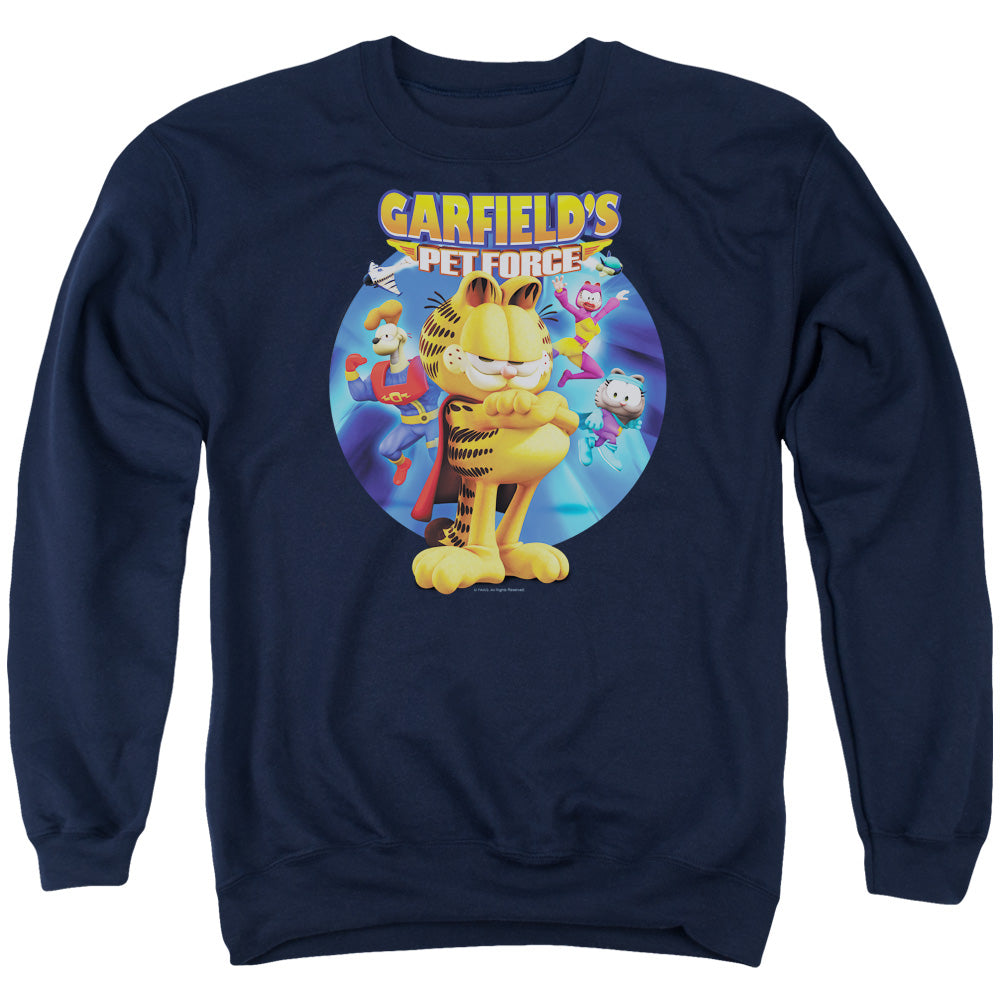 AN OFFCIALLY LICENSED GARFIELD DVD ART ADULT UNISEX CREWNECK SWEATSHIRT NAVY