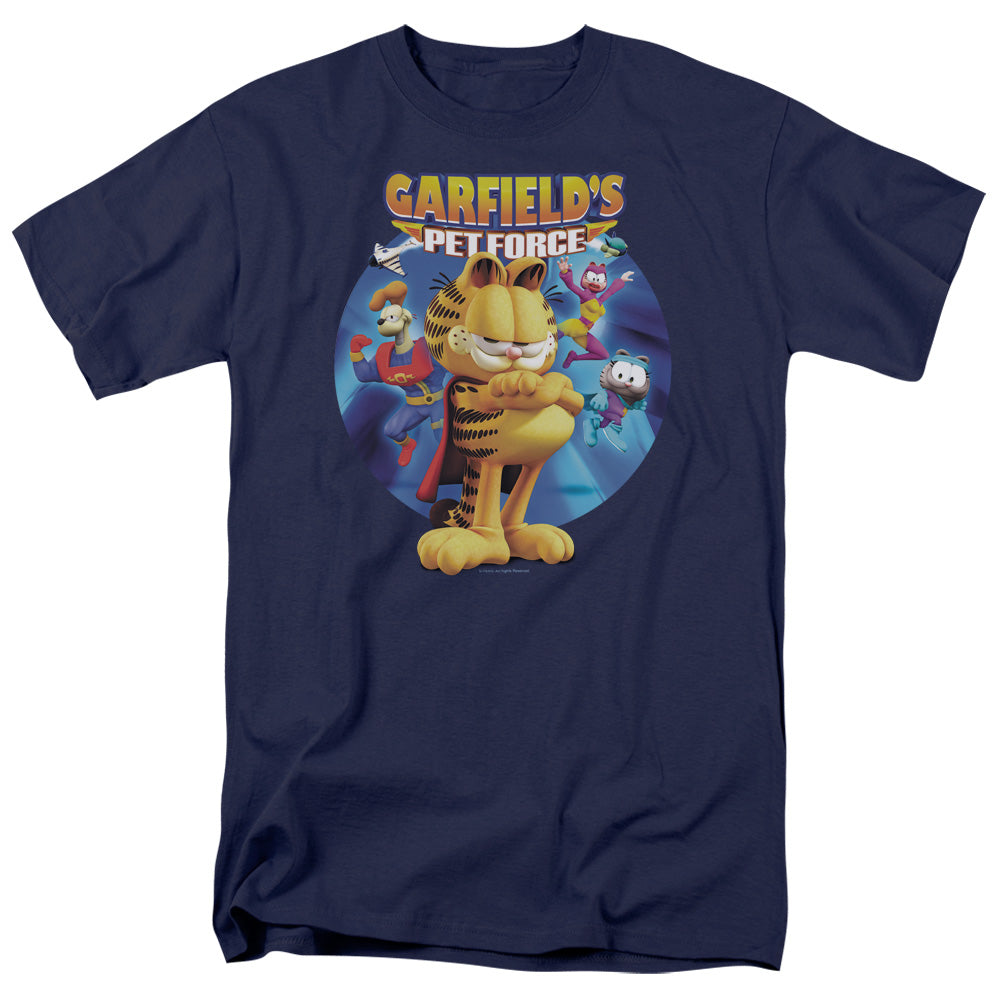 AN OFFCIALLY LICENSED GARFIELD DVD ART MEN'S REGULAR FIT T-SHIRT NAVY