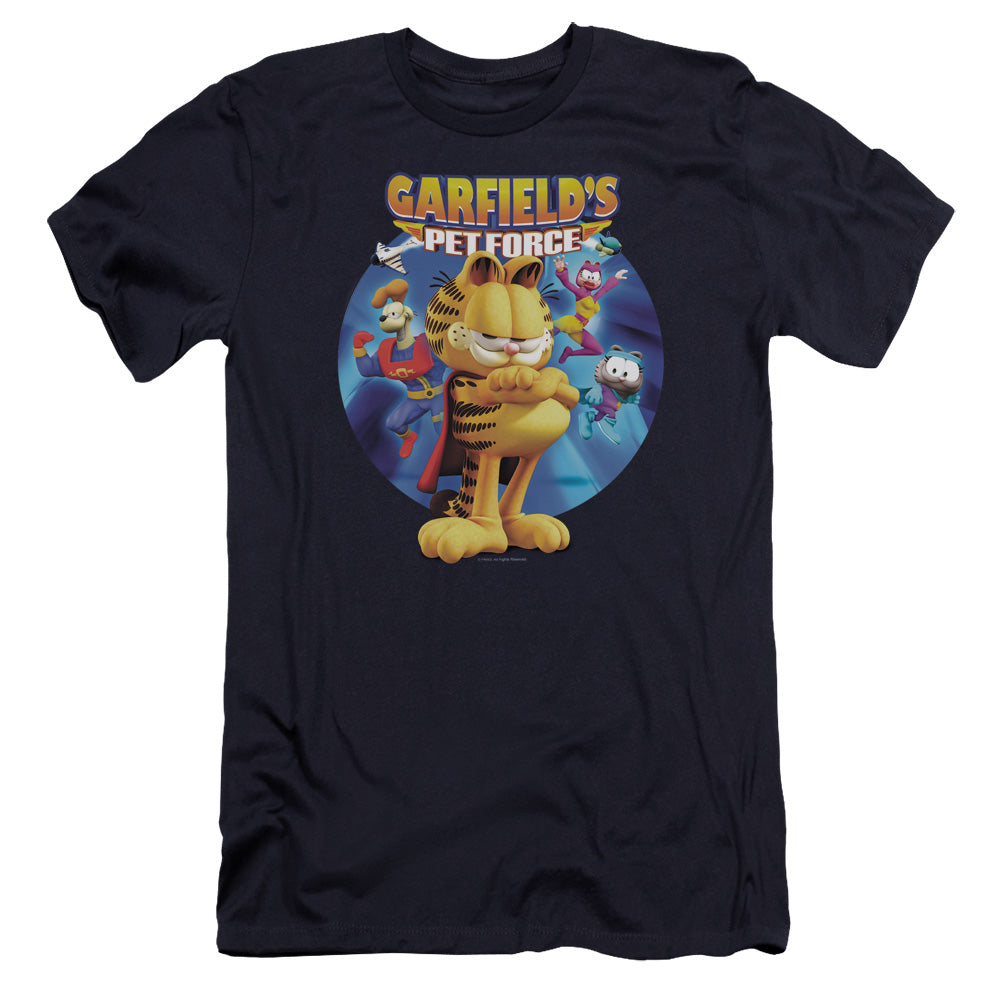 AN OFFCIALLY LICENSED GARFIELD DVD ART MEN'S PREMIUM SLIM FIT T-SHIRT NAVY