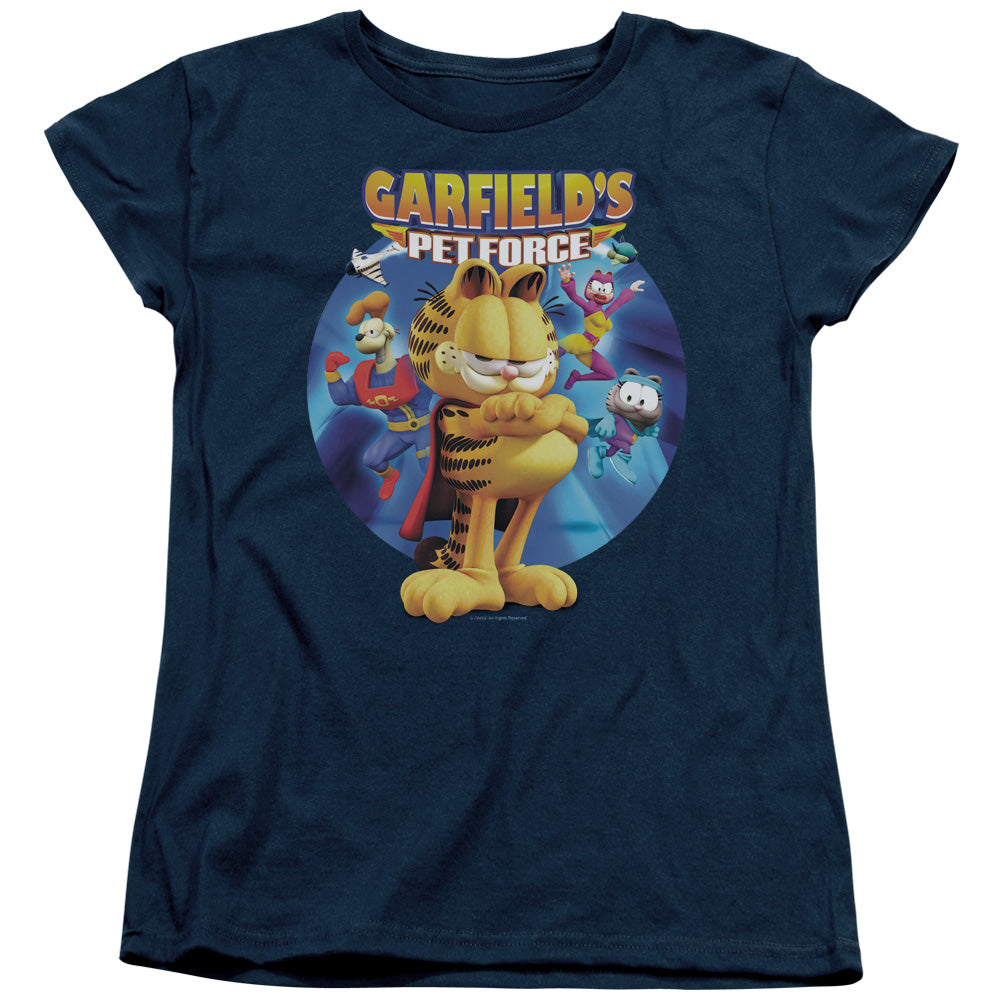 AN OFFCIALLY LICENSED GARFIELD DVD ART WOMEN'S REGULAR FIT T-SHIRT NAVY