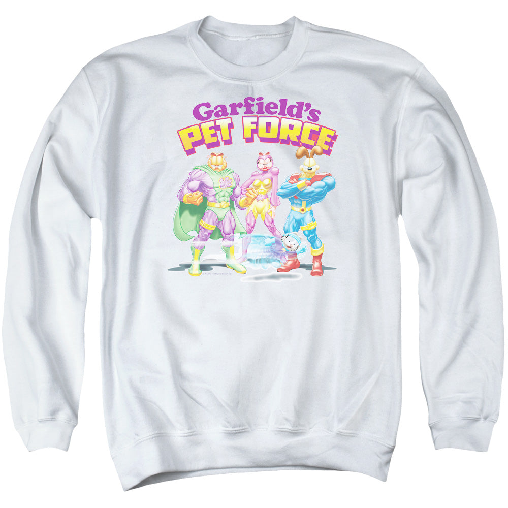 AN OFFCIALLY LICENSED GARFIELD HEROES AWAIT ADULT UNISEX CREWNECK SWEATSHIRT WHITE