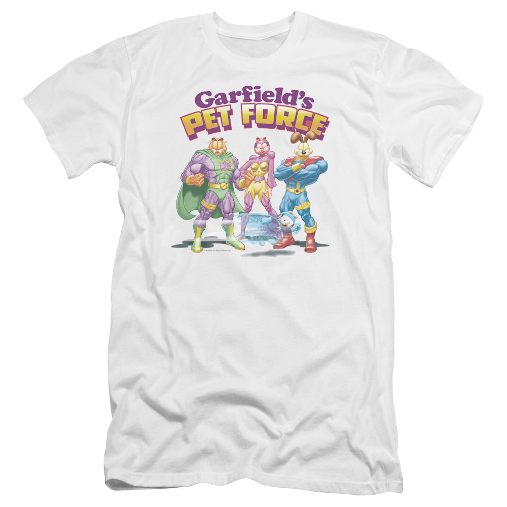 AN OFFCIALLY LICENSED GARFIELD HEROES AWAIT MEN'S PREMIUM SLIM FIT T-SHIRT WHITE